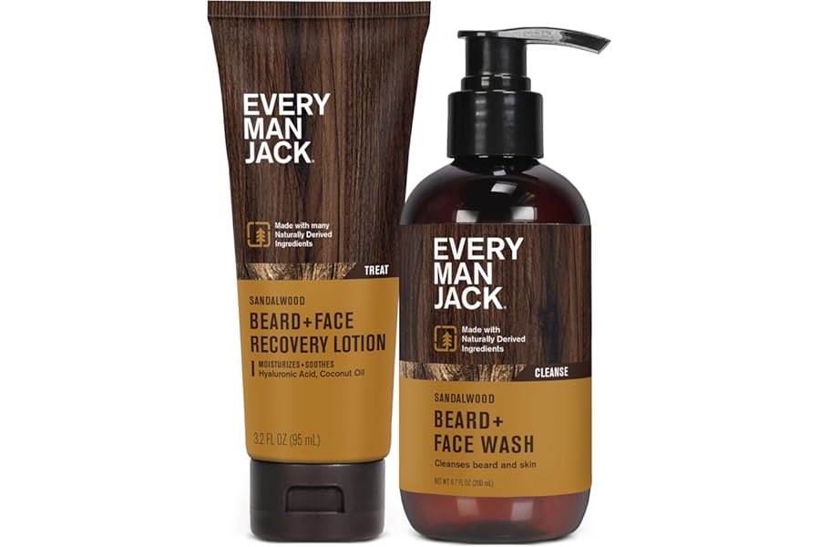 Every Man Jack Men’s Beard + Face Wash & Lotion Set – Subtle Sandalwood Scent – Naturally Cleanse and Condition Your Beard & Skin