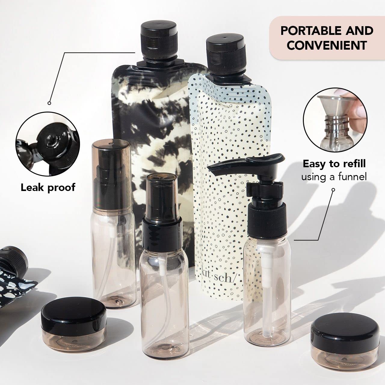 Kitsch 11 PCS Travel Bottles for Toiletries – Travel Essentials Kit for Shampoo, Conditioner, Lotion & More - TSA Approved Travel Bottles, Leak-Proof Refillable Travel Size Containers - Black & Ivory