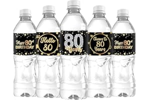 WIDEIDEAL 33Pcs Happy 80th Birthday Water Bottle Labels Cheers to 80 Years Stickers for 80th Wedding Anniversary Party Labels Sign Black