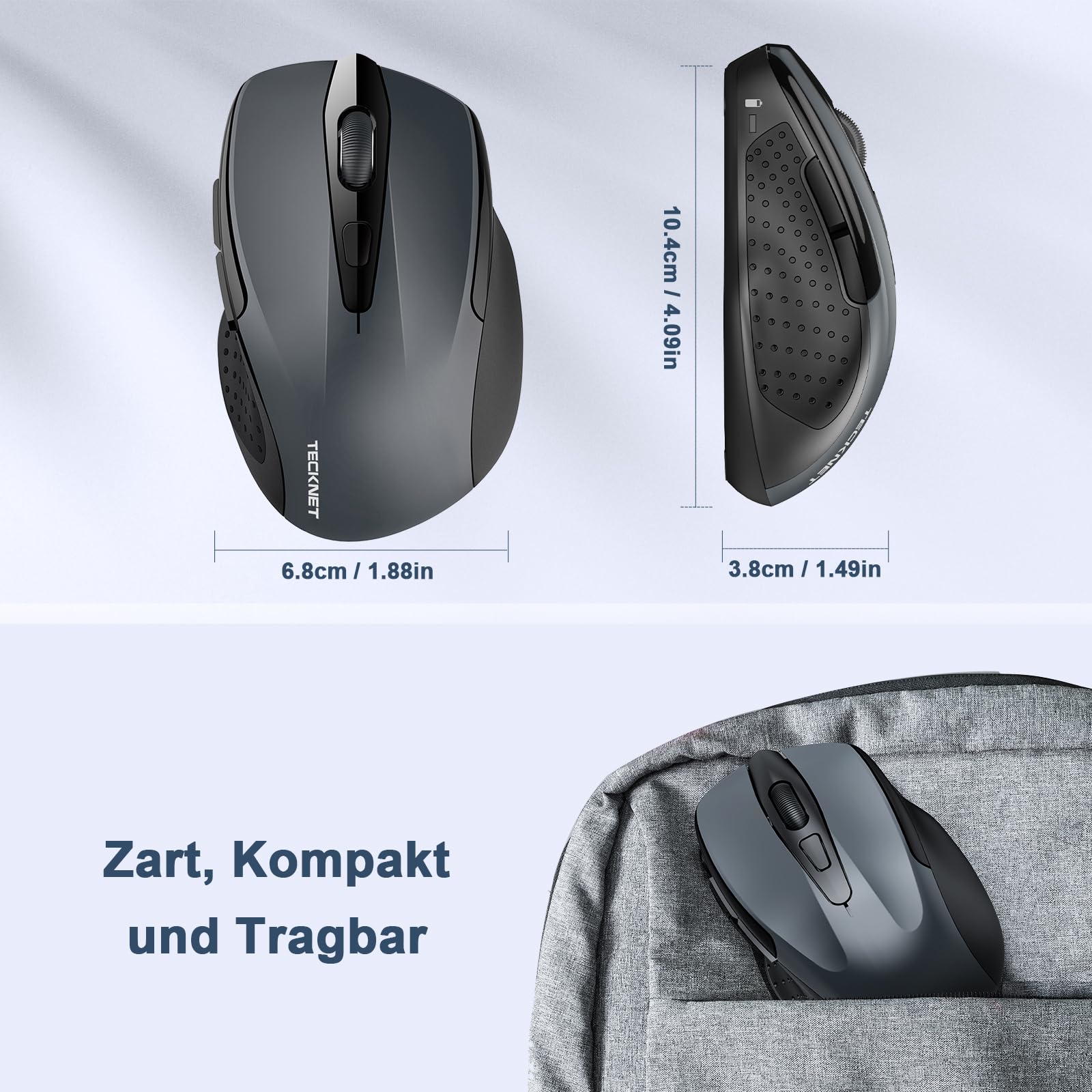 TECKNET Kabellose Maus, 2.4G Optische Funkmaus mit USB Empfänger, 2600 DPI, 24 Monate Akkulaufzei, Ergonomisches Design Wireless Mouse Kompatibel mit Laptop, PC, MacBook, Office Home, Grau 5