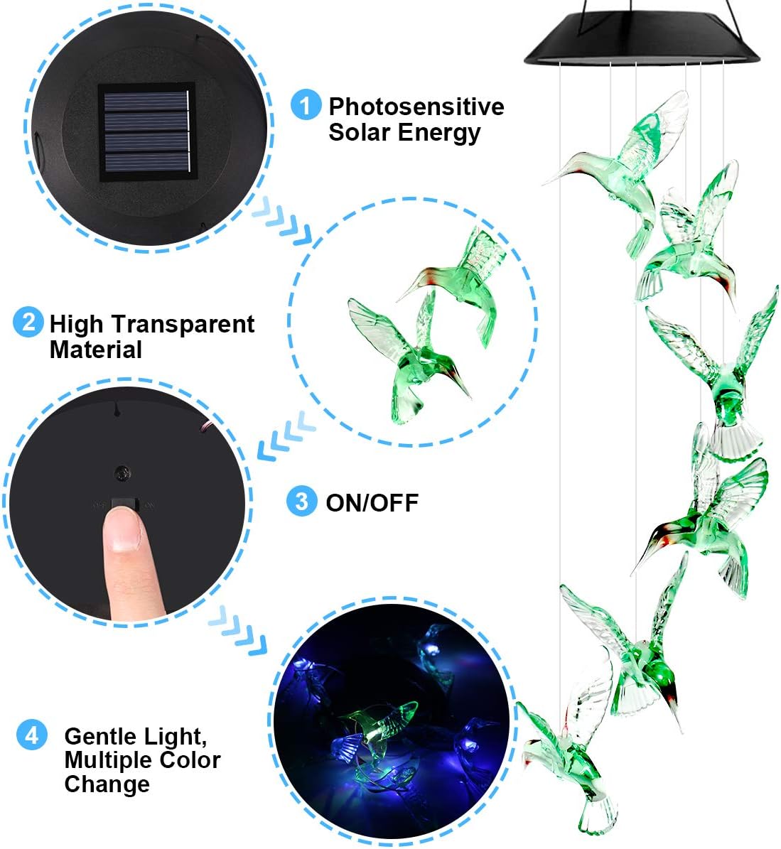 Solar Hummingbird Wind Chimes, Color Changing Mobile LED Solar Wind Chime, Mom/Grandma Birthday Gifts, Outdoor Waterproof Mobile Hanging Solar Lights for Porch, Patio, Yard, Garden Decor : Garden & Outdoor