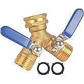 Hose Splitter 2 Way Heavy Duty, Full Flow Garden Hose Splitter | Large Easy-Turn Handle, 3/4 Inch GHT Brass Water Hose Splitter for Outdoor Faucet, Y Valve Hose Bib Splitter