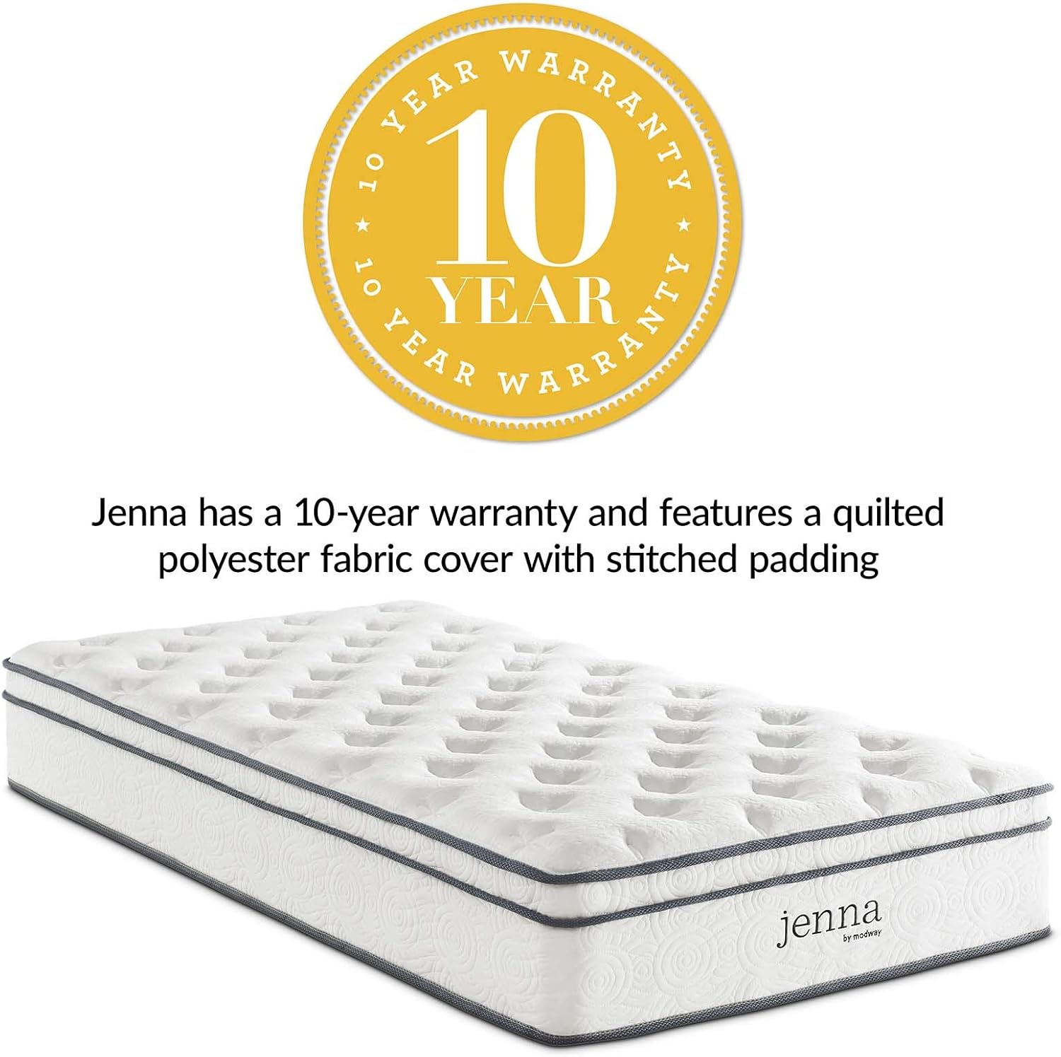 Modway Jenna 10” Twin Innerspring Mattress Quality Quilted Pillow Top-Individually Encased Pocket Coils-10-Year Warranty, Twin: Furniture & Decor