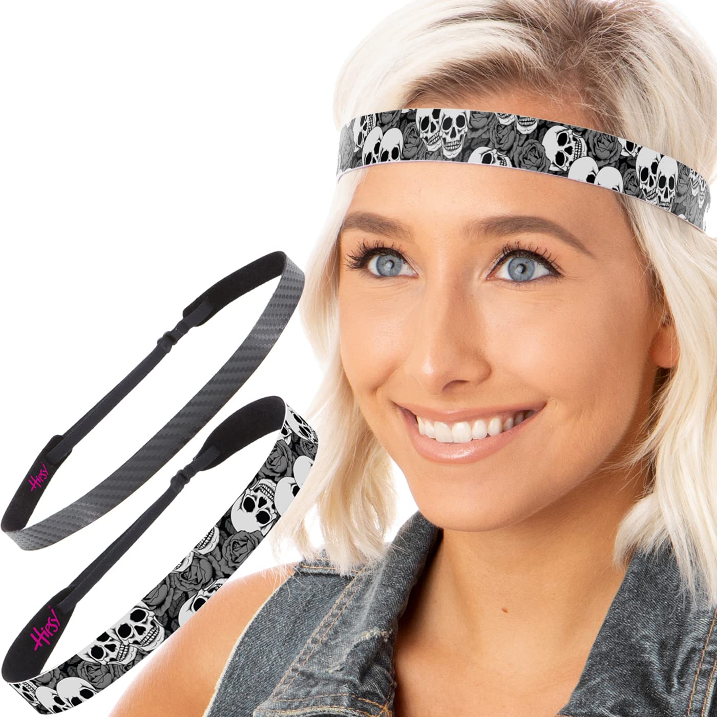 Hipsy Cute Fashion Adjustable No Slip Hairband Headbands for Women Girls & Teens (Black & Grey Skulls 2pk)