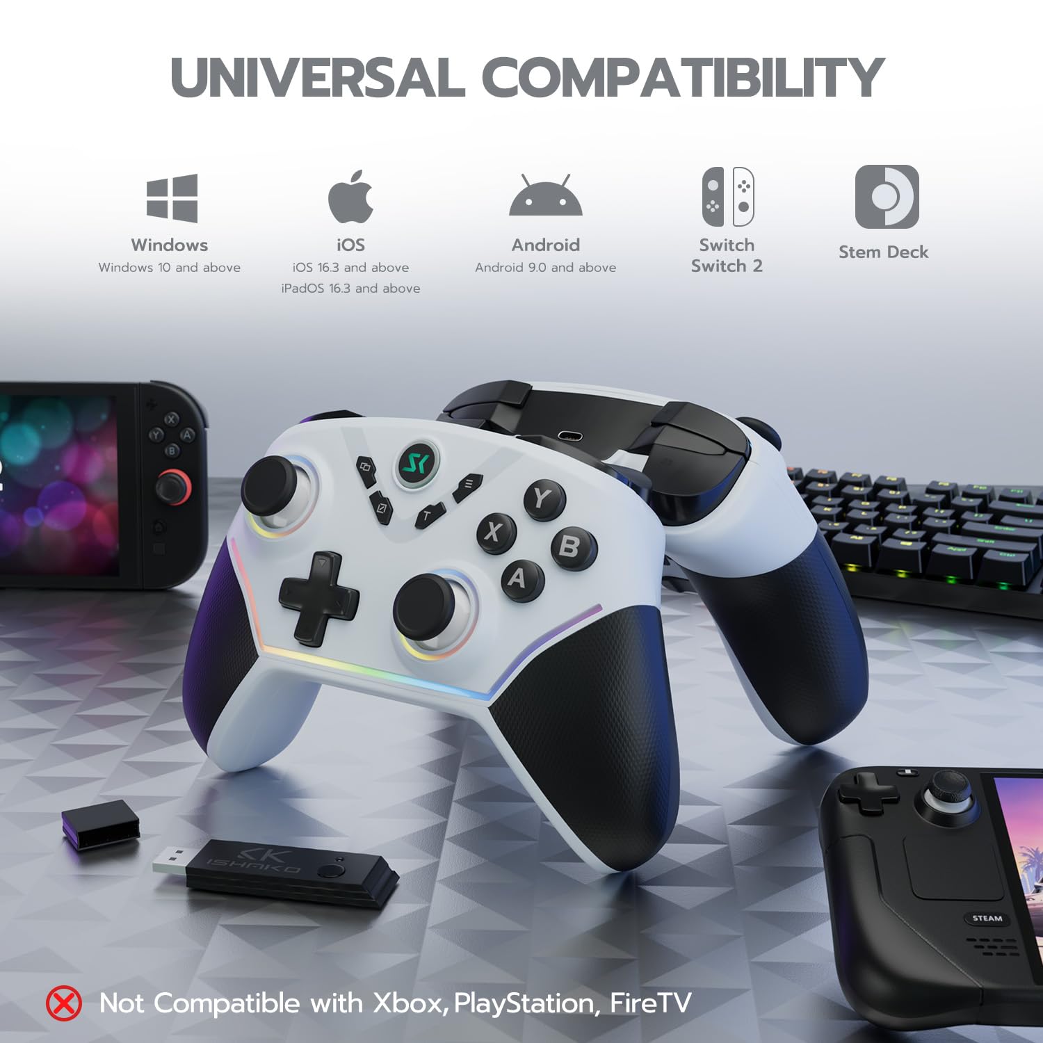 CHENGDAO 2,4G kabelloser Controller für PC/Windows/OLED/Lite/Android, Gamepad mit Hall-Effekt-Sensing-Joysticks und Hall-Triggern, mehrplattformkompatibel (Silber) 6