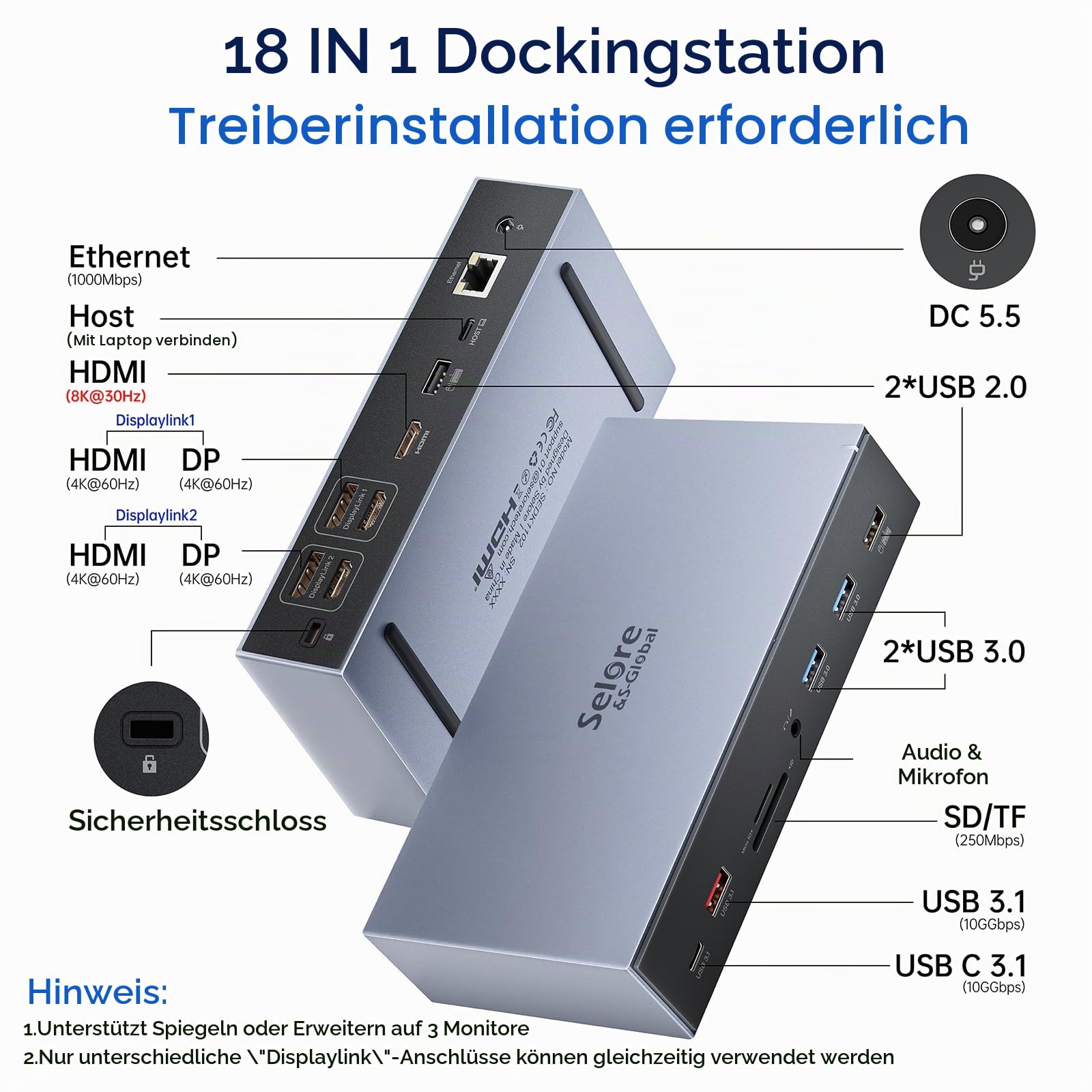 Displaylink Dock USB C Docking Station 3 HDMI 2 DP Universal Dockingstation 120W Netzteil kompatibel mit MacBook M1/M2,USB3.1 10G Adapter Triple Monitor Dual DisplayPort RJ45 für HP Dell, usw 2