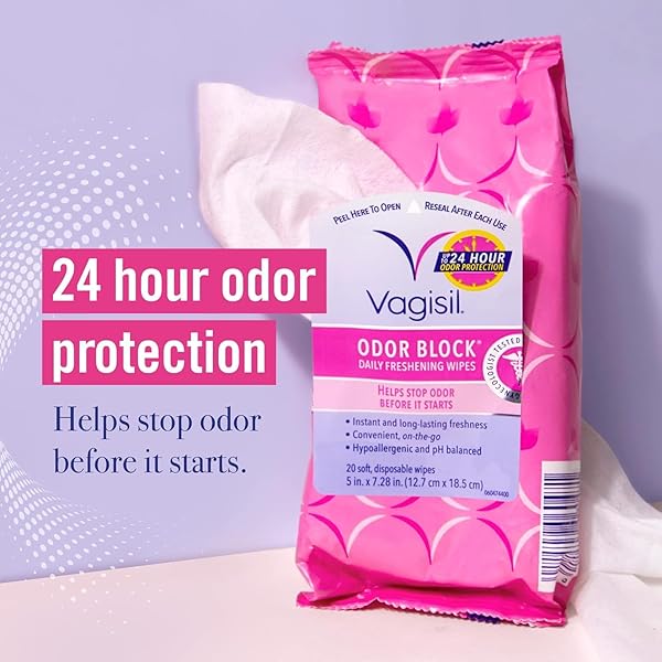 VAGISIL ODOR BLOCK DAILY FRESHENING WIPES FOR FEMININE HYGIENE IN RESEALABLE POUCH, GYNECOLOGIST TESTED & HYPOALLERGENIC, 20 WIPES (PACK OF 3)