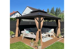 PURPLE LEAF 12' X 12' Outdoor Hardtop Gazebo Permanent Outside Heavy Duty Sun Shade Deck Canopy for Patio All Weather Aluminum Metal Roof Backyard Pavilion with Netting and Curtains