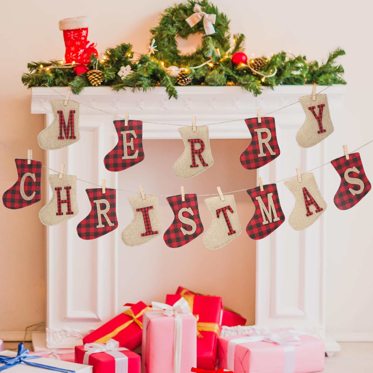 OWill Merry Christmas Banners Indoor Sock Shaped, Burlap Banners Hanging Decorations for Christmas Party Wall Door Fireplace and Tree