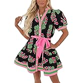 Wenrine Womens Summer Floral Mini Dress Puff Short Sleeve V Neck Button Down Casual Loose Boho Beach Dresses with Belt