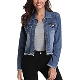 Anienaya Jean Jacket Women’s Frayed Washed Button Up Cropped Denim Jacket w 2 Side Pockets