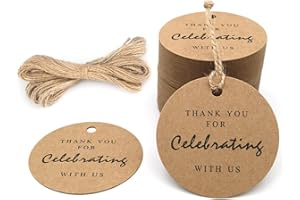 G2PLUS Thank You for Celebrating with Us Tags, 2.2in Original Design Kraft Paper Gift Tag, 100 PCS Thank You Present Tags with String for Gift Wrap, Wedding, Baby Shower, Holiday Party Favor (Brown)