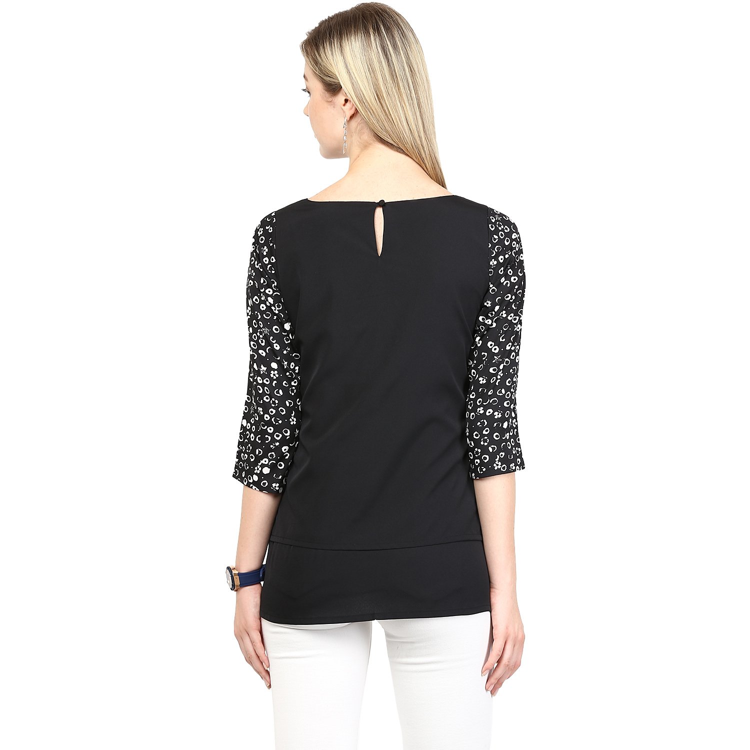 rare black crepe polka dots round neck tops for women (ep1004)