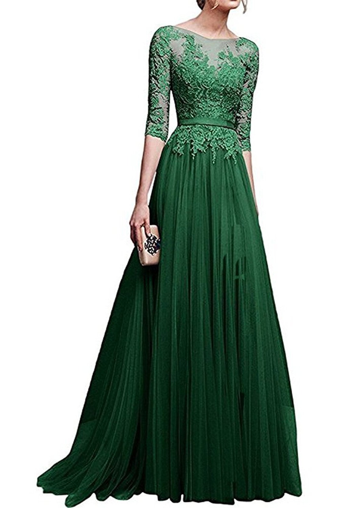 Lily Wedding Womens 3/4 Lace Tulle Prom Dress Aline Evening Dress With Slit