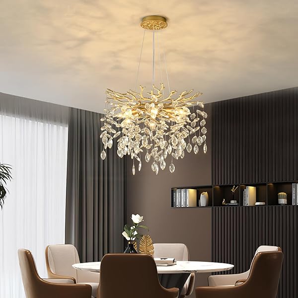 EGM GOLD TREE BRANCH CRYSTAL CHANDELIER 18-INCH, CRYSTAL CHANDELIER FOR DINING ROOM 6-LIGHT, HANGING ROUND RAINDROP CHANDELIERS FOR LIVING ROOM E12