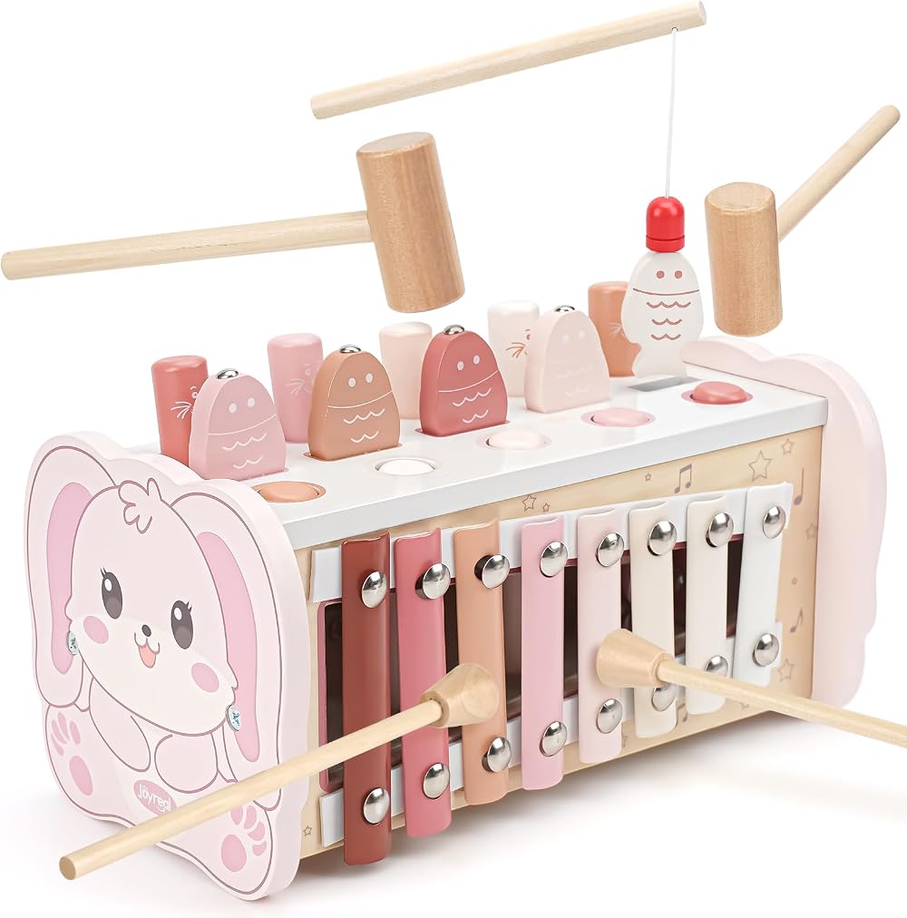 Joyreal Montessori Wooden Toy 4 in 1 Hammering Xylophone Magnetic Fishing Game