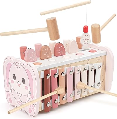 Joyreal Montessori Wooden Toy 4 in 1 Hammering Xylophone Magnetic Fishing Game