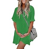 PYGFEMR Women's Short Sleeve Babydoll Dress Button Down Dresses with Pockets