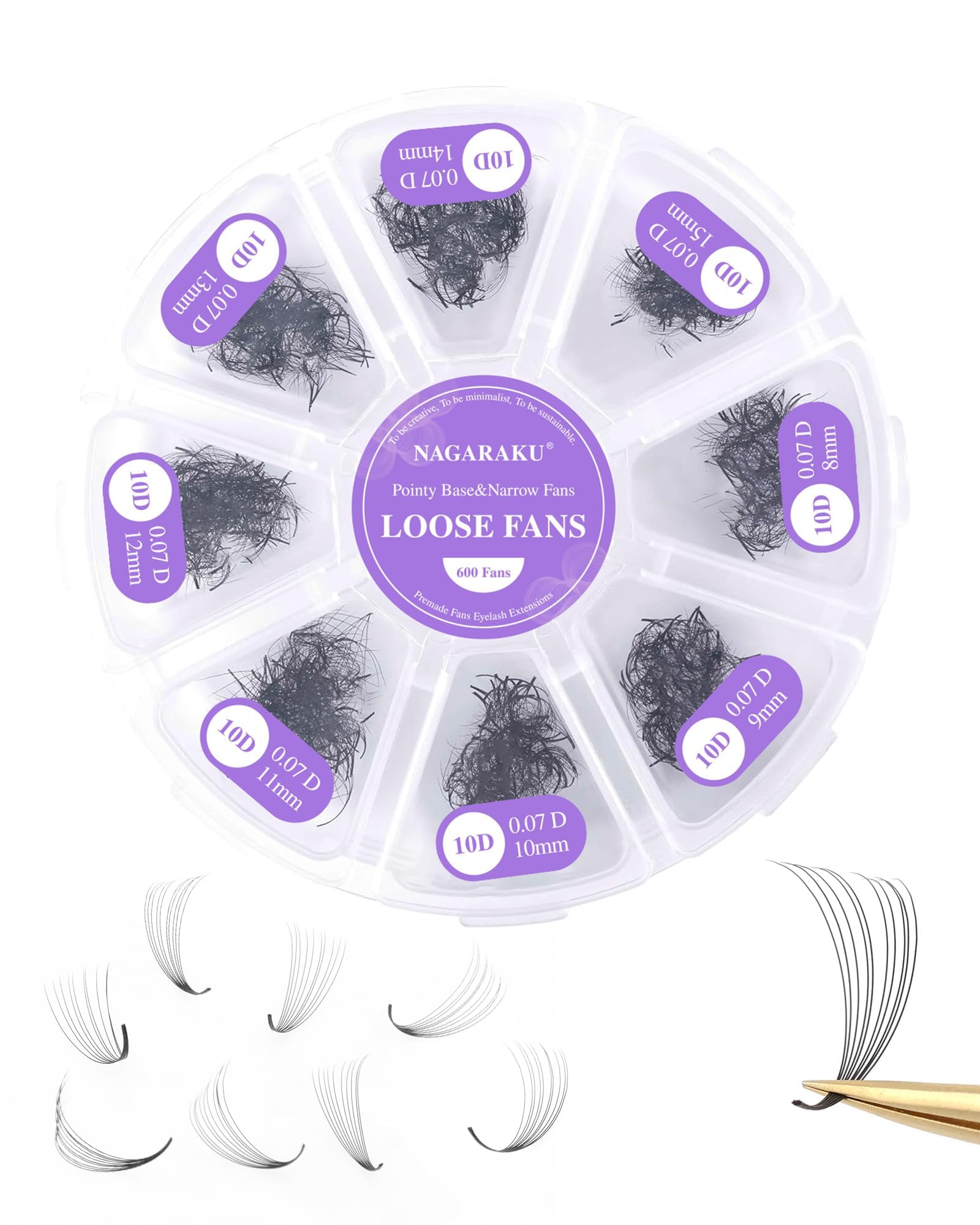 NAGARAKU 10D Premade Fans Lash, 600 Fans Premade Volume Lash 0.07mm D Curl 8-15mm Loose Fans Thin Pointy Base Sharp Narrow Stem Russian Eyelash Extensions — image 1
