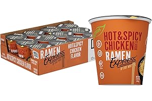RAMEN EXPRESS Hot & Spicy Chicken Flavor Ramen Cup Noodle, 2.25 Oz Each (Pack Of 12) | Animal-free Ramen Noodles | All Plant-based | Made in U.S. with finest American flour
