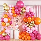 Pink and Orange Balloons Arch Kit, 122 Pcs Hot Pink Orange with Metallic Gold Latex Balloon Garland, Pastel Gold Balloon for 