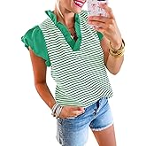 Tankaneo Womens Ruffle Cap Sleeve Tank Tops Summer Casual Cute Color Block Striped Tshirts Pleated V Neck Shirts