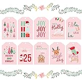 Whaline 100Pcs Pink Christmas Paper Gift Tags Xmas Tree Santa Reindeer Hanging Labels with Hemp Rope for Holiday Party Favor Decor Supplies, 10 Designs
