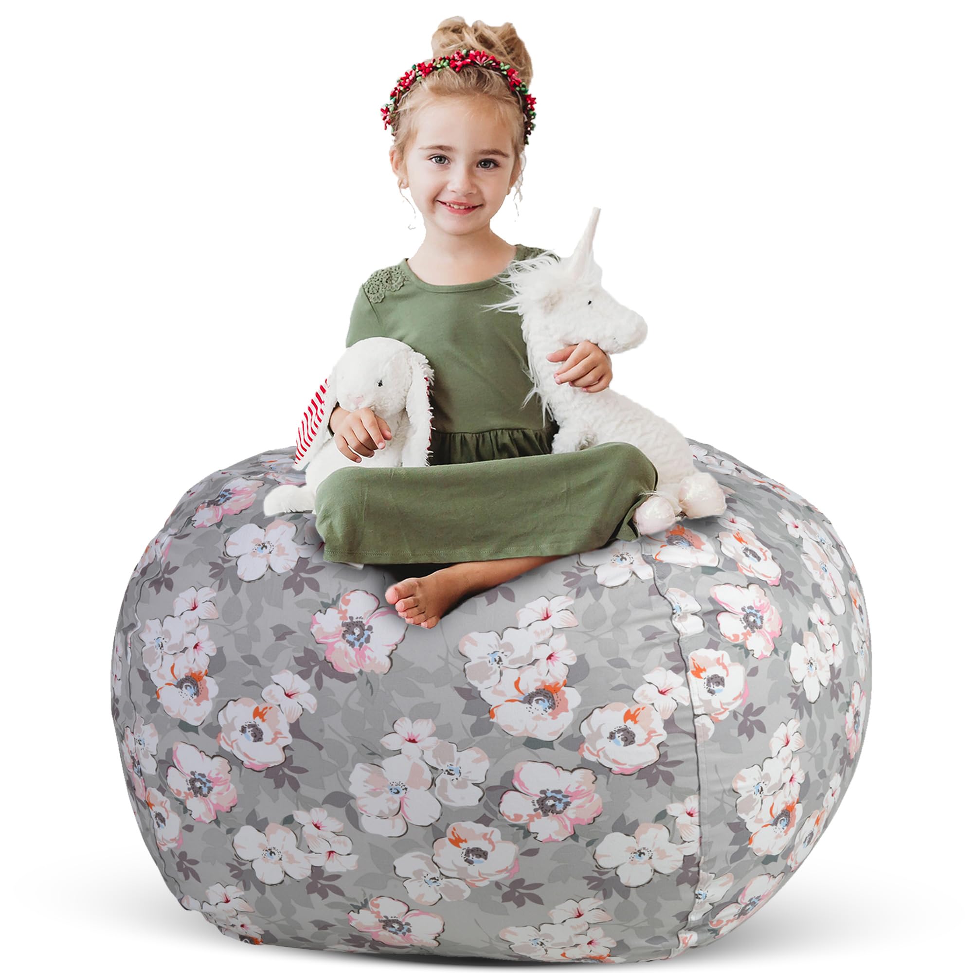 Creative QT Stuffed Animal Storage Bean Bag Chair - Kid Bean Bag Chair - Beanbag Cover - Stuffed Animal Holder - Beanbag Chair for Kids, Toddlers & Teens - Giant Bean Bag Cover (38" Grey Floral)