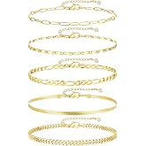iF YOU Gold Ankle Bracelets for Women, 14k Gold Plated Waterproof Cuban Link Chain Anklets Set, Layered Anklet Bracelets for Women Beach Gift Adjustable Size 5pcs