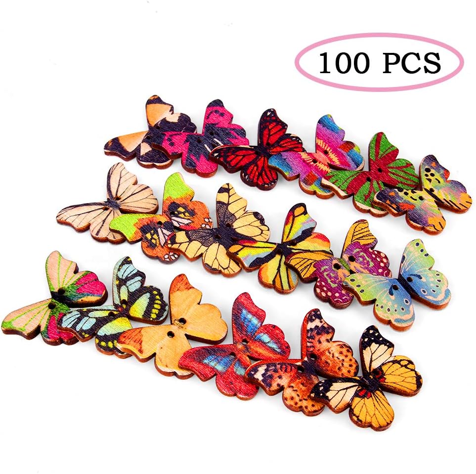100Pcs Wooden Butterfly Buttons, craftsman168 Multicoloured Butterfly Shaped Buttons