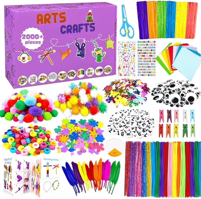 2000 Pezzi Lavoretti Creativi per Bambini DIY Art Craft Set Kit di forniture artistiche di Materiale con Scovolini Colorati per Lavoretti Collage Tutto in 1 Attività Regali per Bambini Ragazze Ragazzi