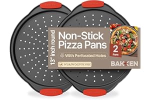 Pizza Tray – 2 Round with Silicone Handles – Carbon Steel Pizza Pan with Holes and Non-Stick Coating – PFOA PFOS and PTFE Fre