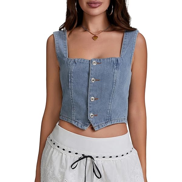 Amazon.com: Women Vintage Denim Vest Button Down TieUp