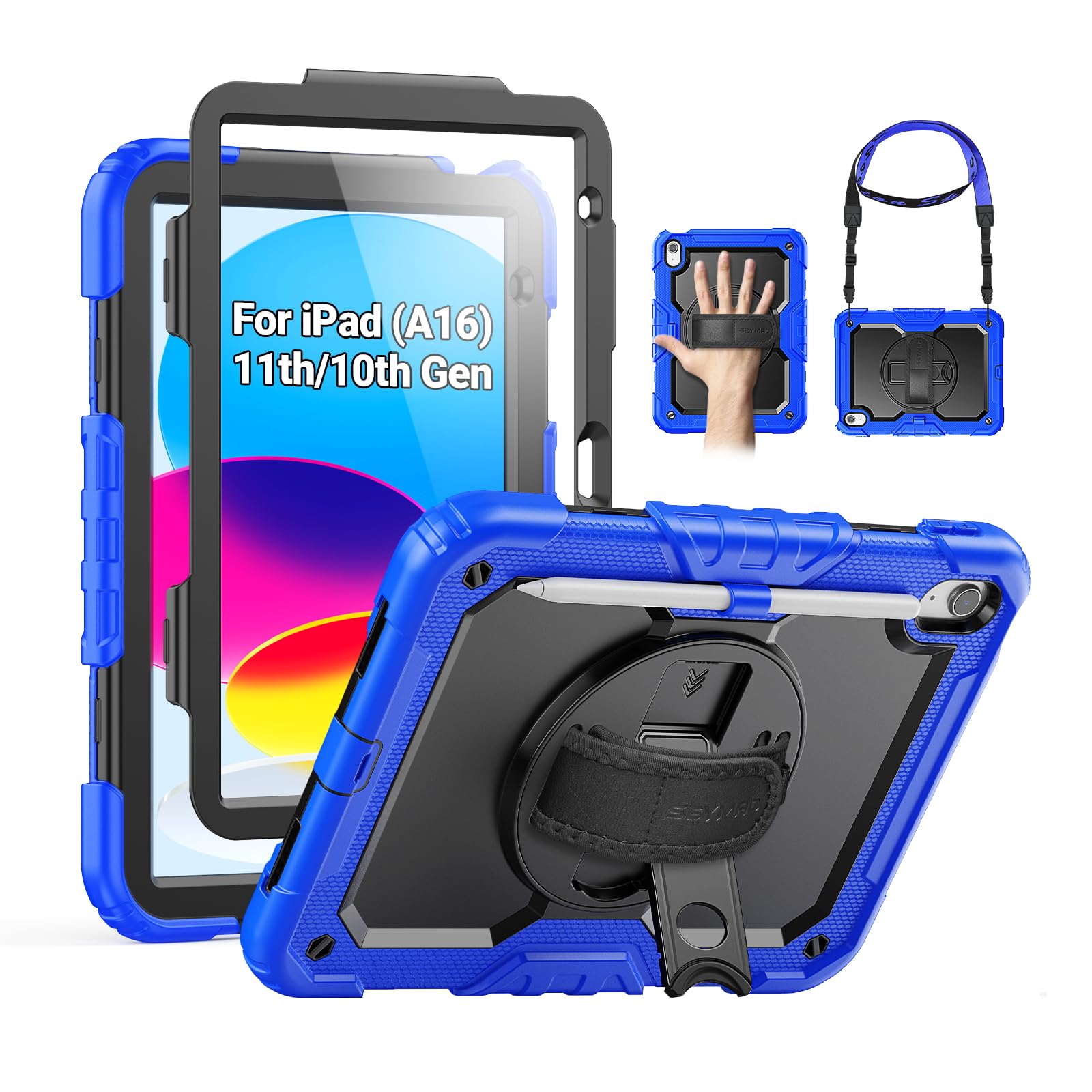 Photo 1 of SEYMAC Case for iPad (A16) 11th/10th Generation 2025/2022 (11?/10.9?), Sturdy Heavy Duty Full-Body Shockproof Protective Case with Screen Protector, Rotating Stand, Hand/Shoulder Strap, Black/Blue