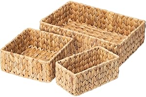 FairyHaus Wicker Baskets for Organizing 3Pack, Large and Small Wicker Storage Baskets Set, Hand Woven Baskets for Storage, Natural Water Hyacinth Storage Baskets for Pantry Shelf