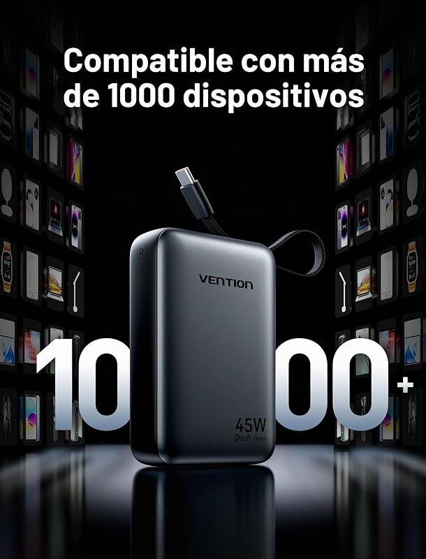 Mini Power Bank 45 W 20000 mAh com cabo USB-C integrado, carregador rápido PD/PPS, baterias externas para telemóvel com ecrã LED para iPhone 18/17/16, Galaxy S25/S24, iPad, computador
