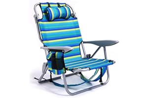 Canpsky Portable Beach Chair for Adults, Outdoor Camping Chair Lay Flat Folding Backpack Beach Reclining Chair with 4 Positions, Headrest, Cooler Pouch, Cup Holder, Heavy Ocean Striped