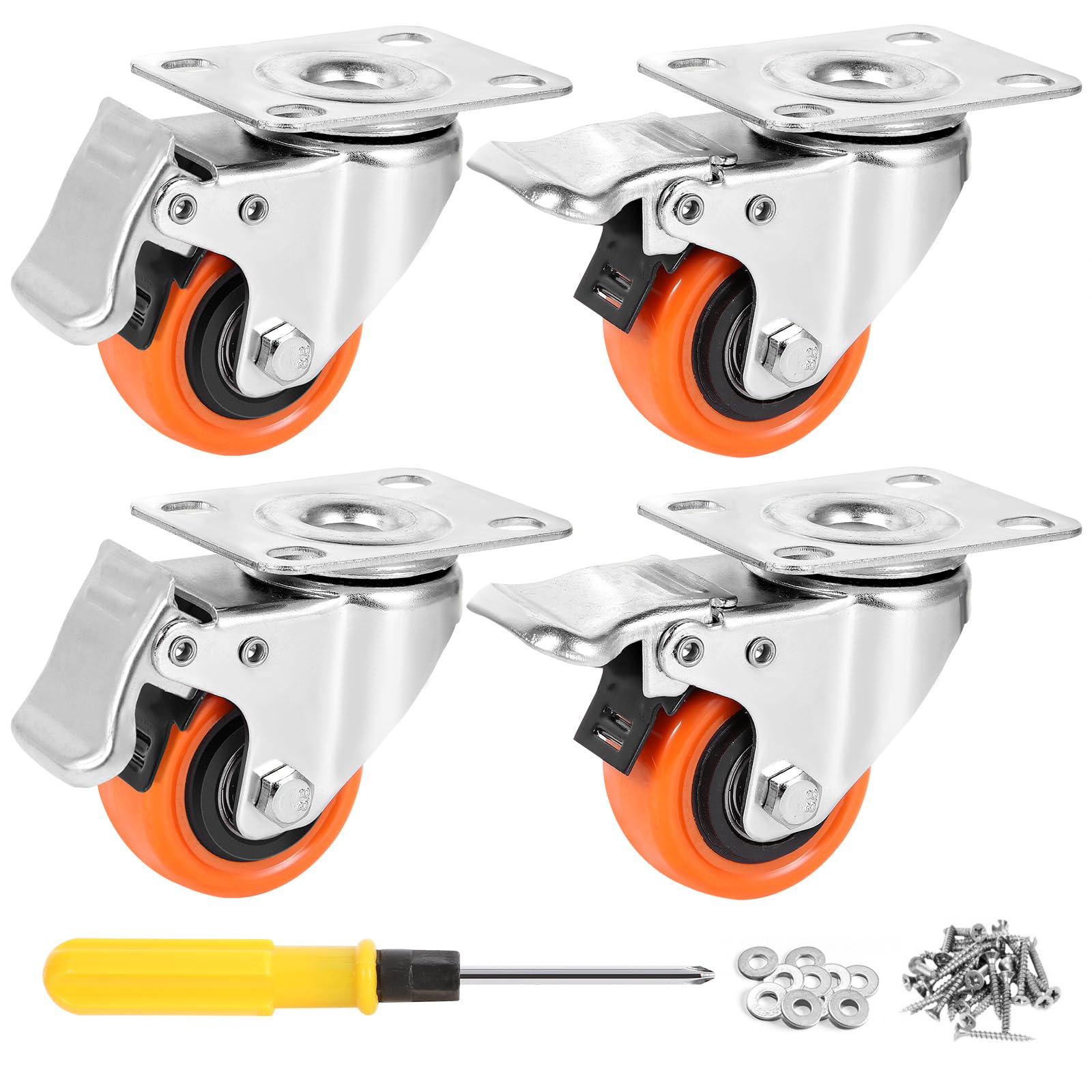 W B D WEIBIDA 2-inch Plate Swivel Caster Wheels with Dual Locking, 600 Lbs Load Capacity Orange Polyurethane Castors, No Noise & Durable Caster Wheels for Cart, Trolleys, Furniture, Equipment,Set of 4
