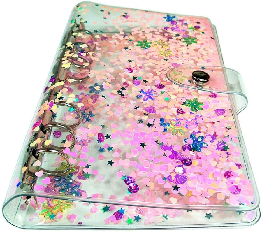 Personal A6 Size 6 Rings Binder Cover Glitter Quicksand Soft PVC Planner Protector Budget Binders with Snap Button Closure Loose Leaf File Folder (Personal A6, Only Binder Cover)