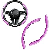 LevChall Carbon Fiber Steering Wheel Cover, 2-Piece Set Anti-Skid Comfortable Grip Segmented Butterfly Design, Easy Snap-On Installation Universal Fit 99% Cars, Pink