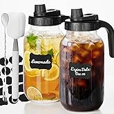 2 Pack Mason Jar Pitcher - Airtight & Leakproof Glass Pitcher with Lid, Perfect for Juice, Cold Brew, and Sun Tea - 2 Quart (64 oz) Mason Jar with Pour Spout Lid + Mixing Spoon, Brush, Labels
