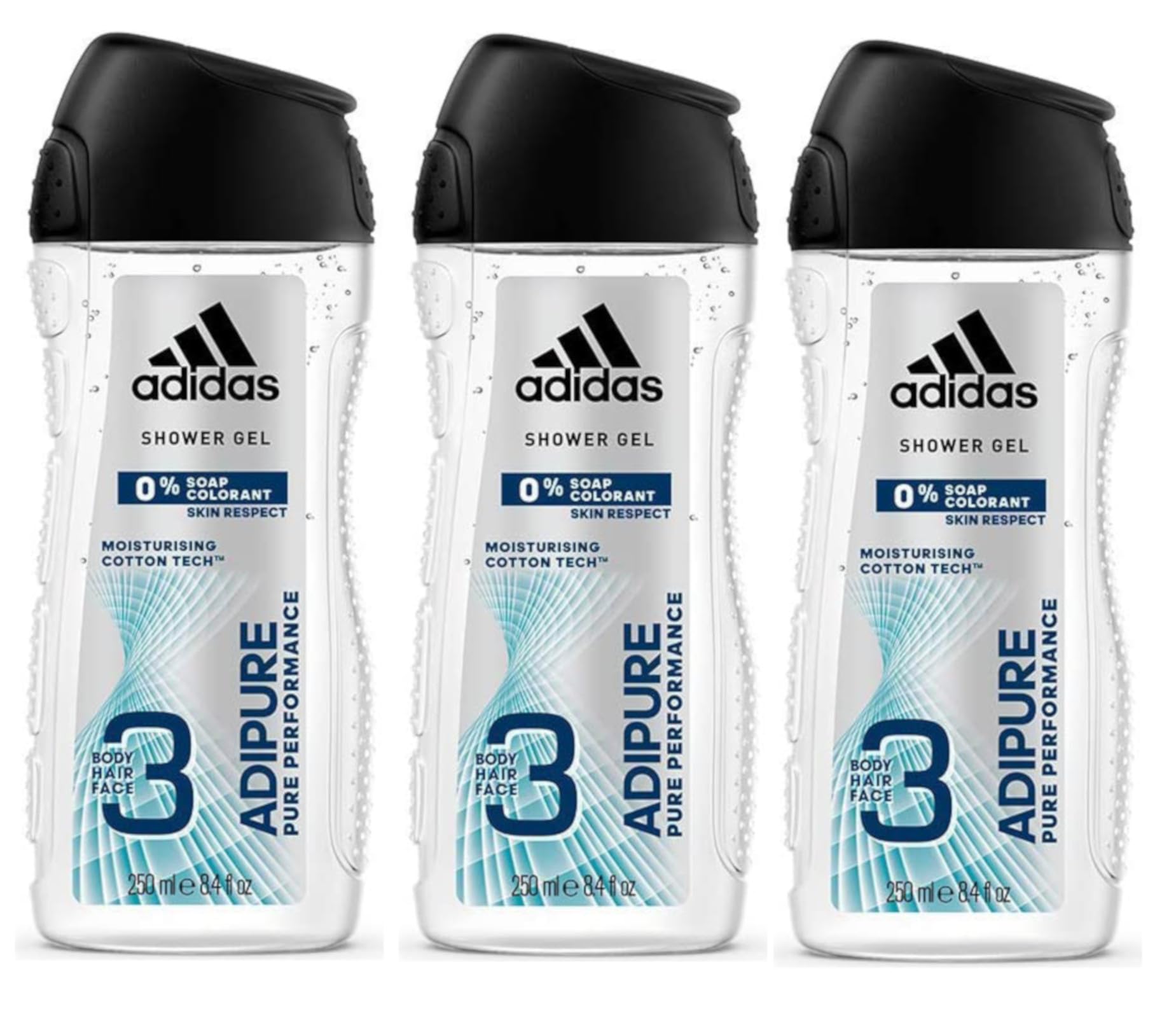Adidas ADIPURE Mens 3 in 1 Showergel for Hair Body and Face (pack of 3) 250ml each% Soap% Colourants