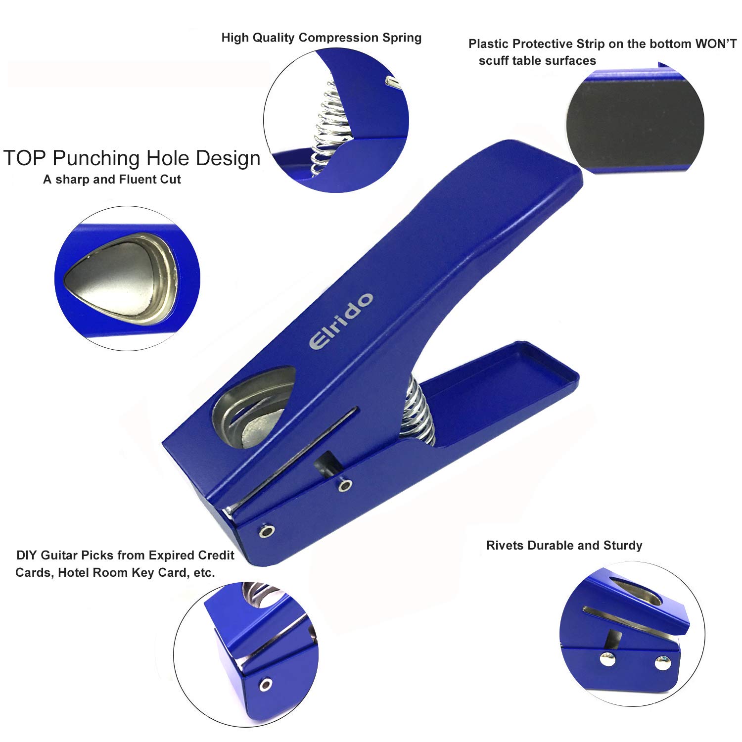 Elrido DIY Guitar Picks Punch Pick Maker Puncher Tool to Make Your Endless Guitar Picks, With 2 Pick Strips Sheet, a Leather Picks Holder - Guitar Picks Puncher Tool Kit Guitar Picks Cutter (Blue)