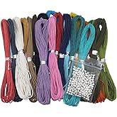 INSPIRELLE 20 Colors 1mm Jewelry Making Beading Crafting Macrame Waxed Cotton Cord Thread with 200 Silver Metal Beads, 10 Yards Each Color