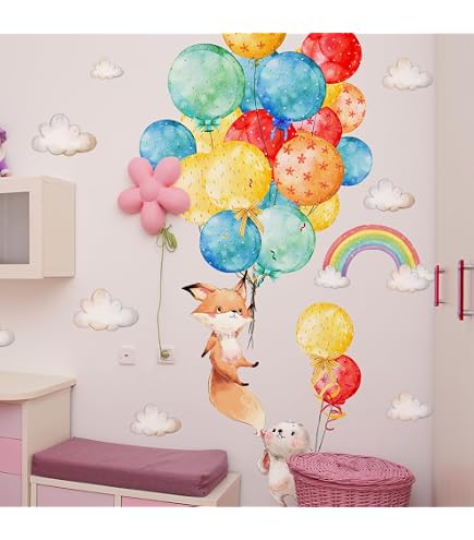 Sacinora Cute Fox Cub & Balloons Wall Decals - Removable Vinyl Sticker For Kids Room, Nursery, Classroom Decor