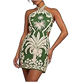 MakeMeChic Women's Boho Mini Dress Summer Beach Vacation Halter Dresses Floral Sundress