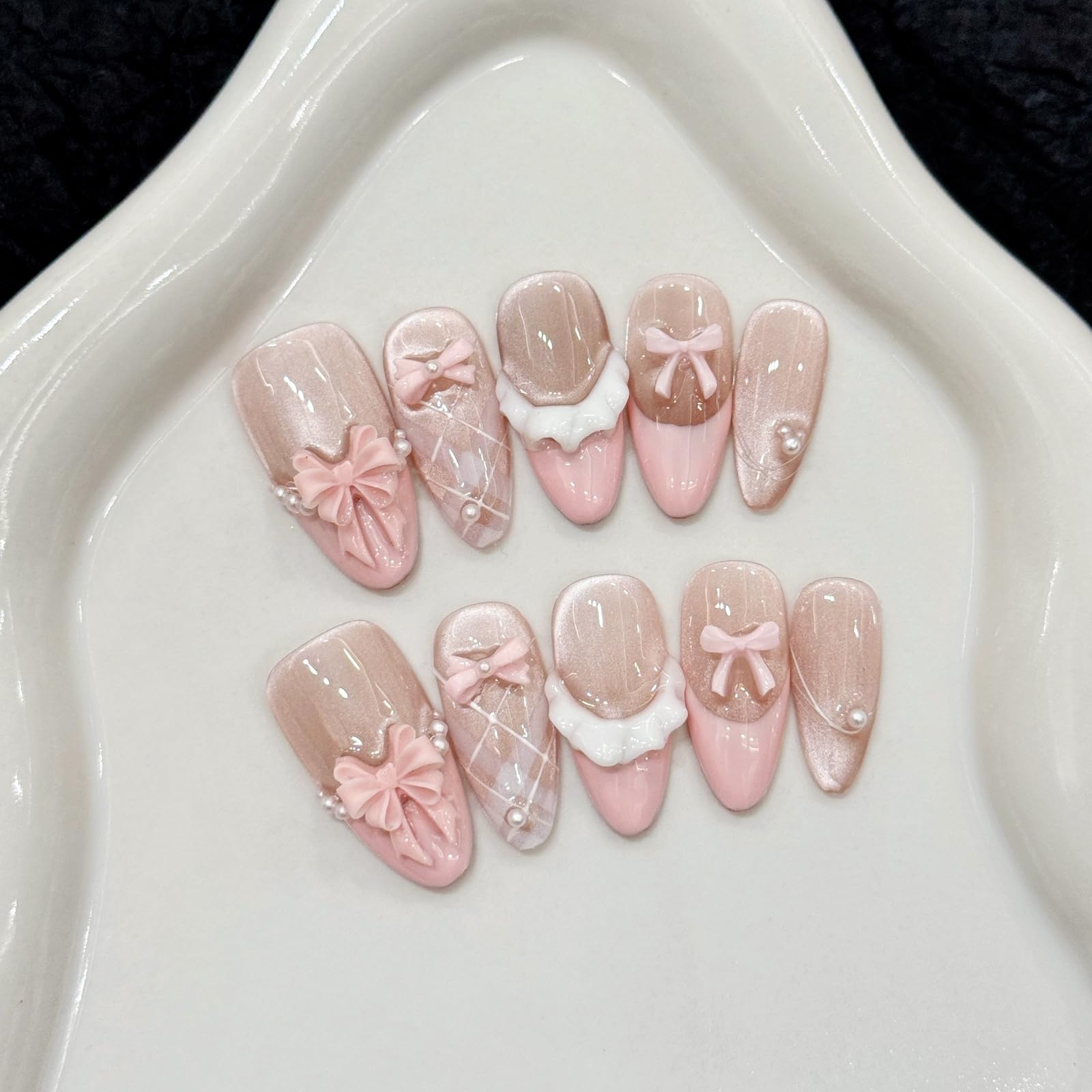 Photo 1 of 10Pcs Handmade Press on Nails Medium Almond Fake Nails Glitter False Nails with 3D Bow Design, Muti-Layer Gel Acrylic Nails Pink French Tip Nails Press ons Reusable Stick on Nails for Women (S)