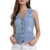 Allegra K Denim Vest for Women's Sleeveless V Neck Washed Distressed Y2K Jean Waistcoat Jacket