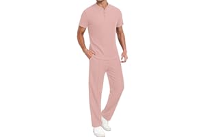 PrinStory Men's Short Sleeve Outfits Waffle Knit Henley Shirt and Pants Set Casual 2 Pieces Summer Tracksuits with Pockets