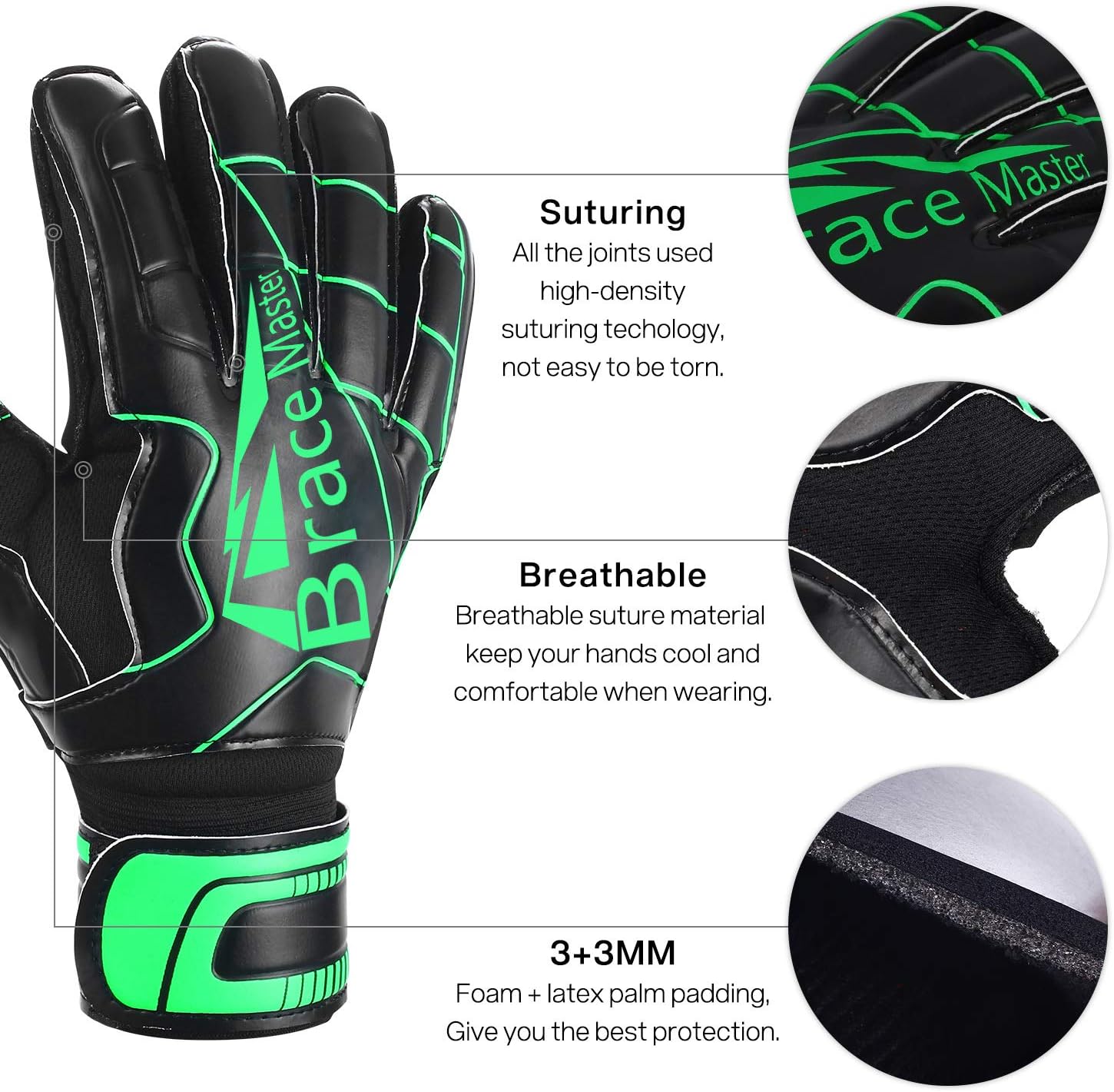Brace Master Goalie Gloves (Sizes 7-10, 5 Styles), Double Wrist Design with Durable 3+3mm Strong Grip and Finger Spines Protection, Black Latex Goalkeeper Glove, Training and Match, Indoor and Outdoor : Sports & Outdoors